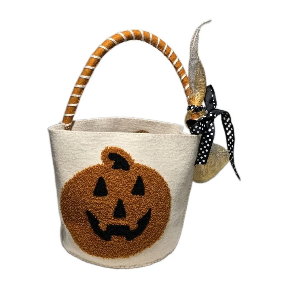 Halloween Wool Felt Jack O Lantern Pumpkin Treat Basket W/ Handle